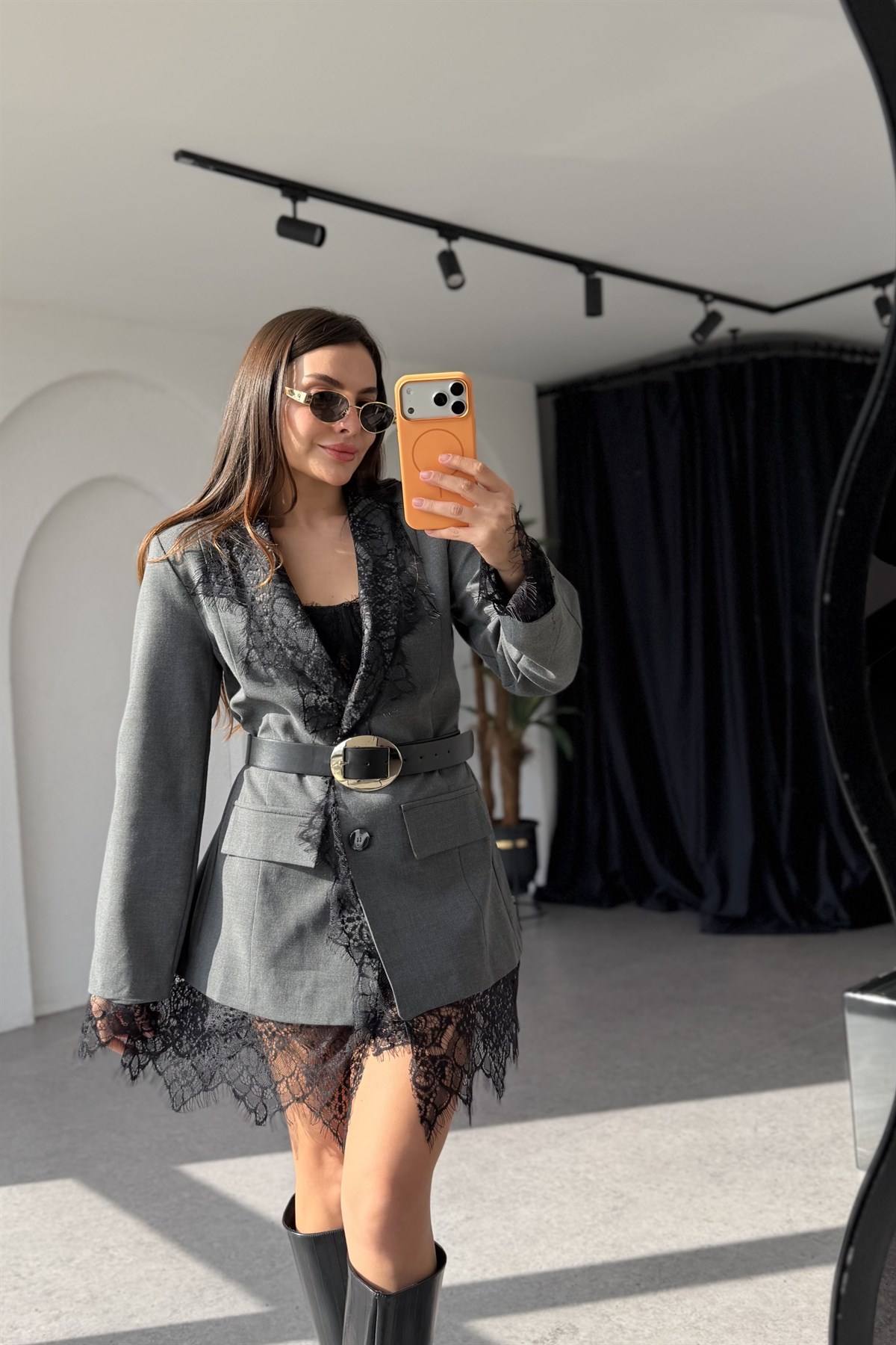 Chester Antrasit Dantel Blazer Ceket