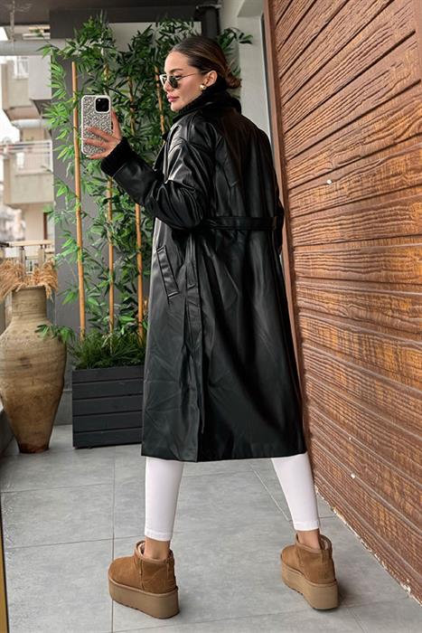 Chiara Siyah Deri Trench Coat