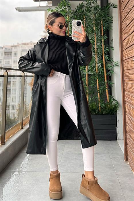 Chiara Siyah Deri Trench Coat