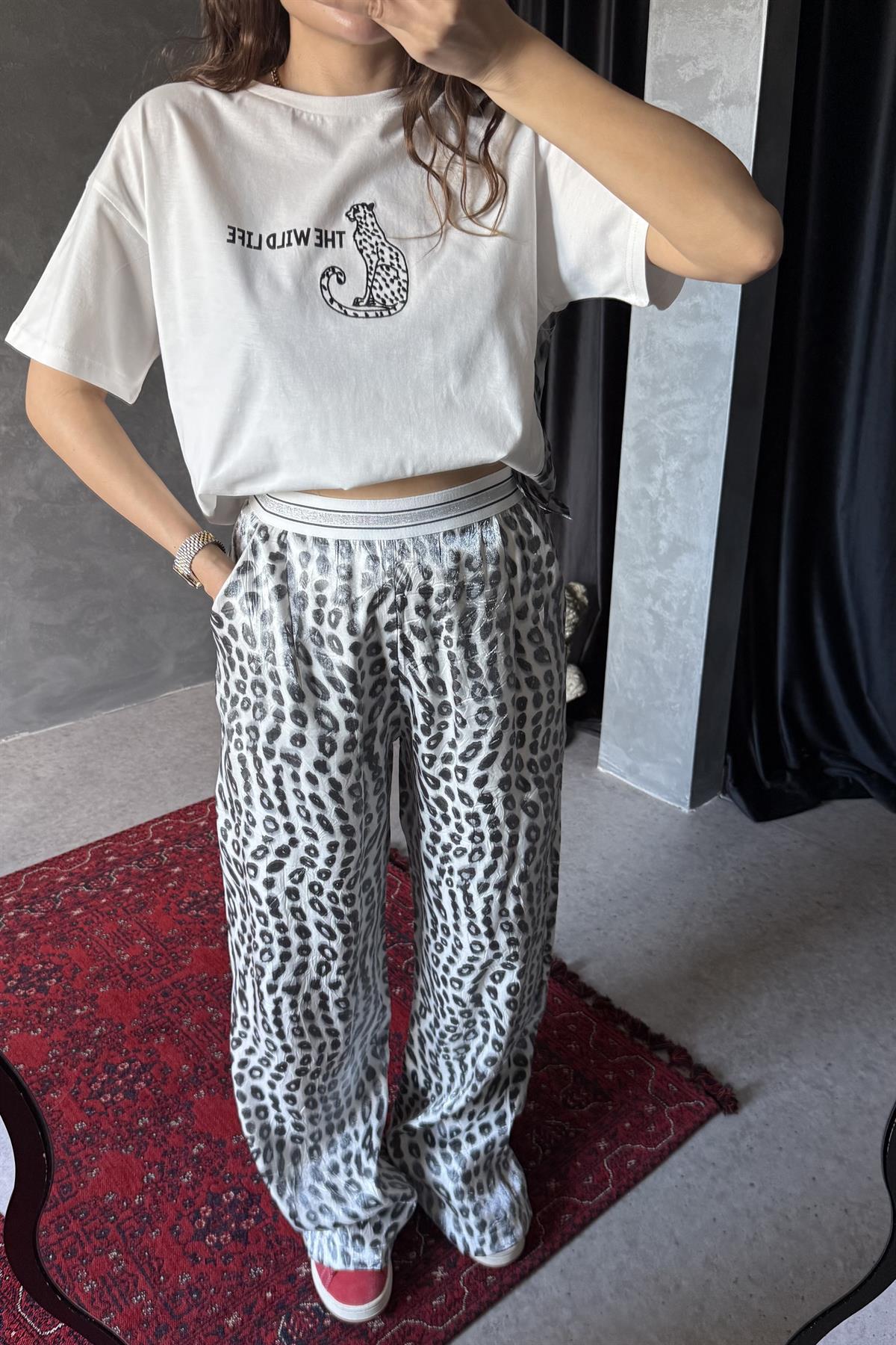 Chıc Leopar Desen Parlak Pantolon