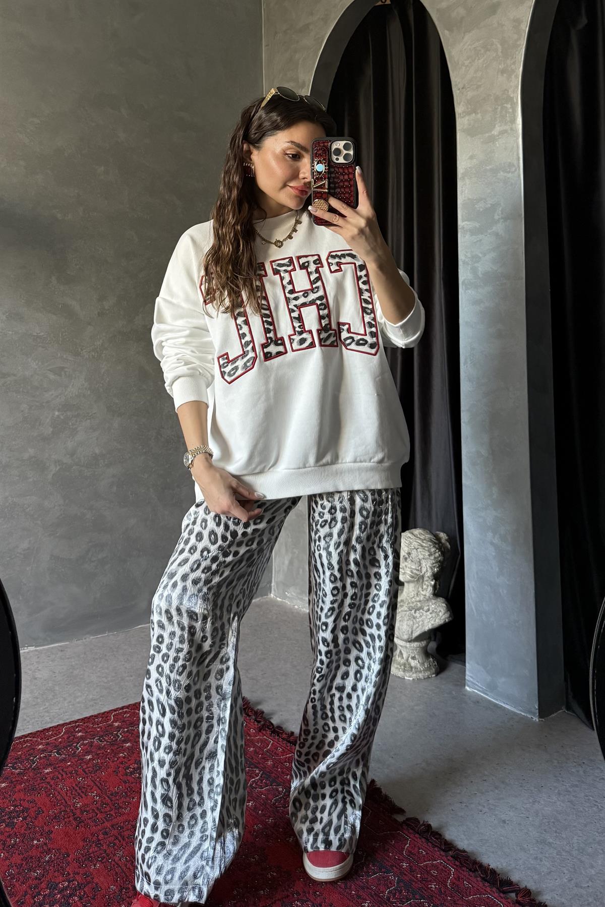 Chıc Leopar Desen Parlak Pantolon