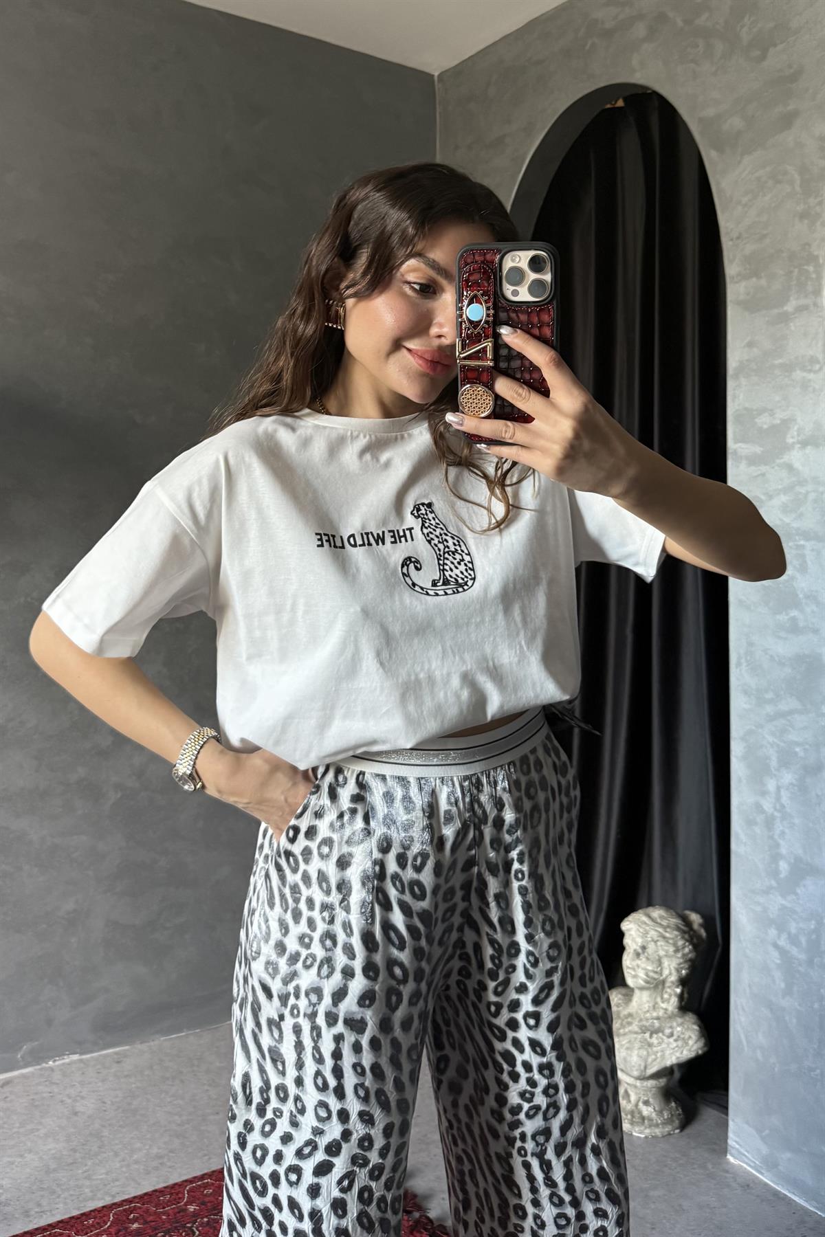 Chıc Sırt Leopar Tül Detaylı Tshirt