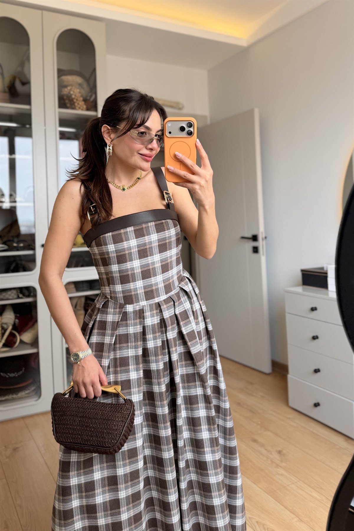 Ciara Kahve Deri Askılı Ekose Elbise