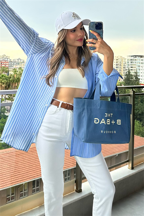 Çift renk mavi çizgili oversize gömlek