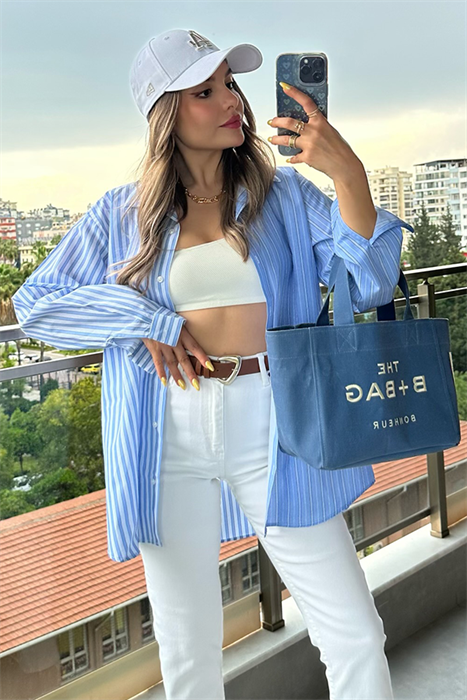 Çift renk mavi çizgili oversize gömlek