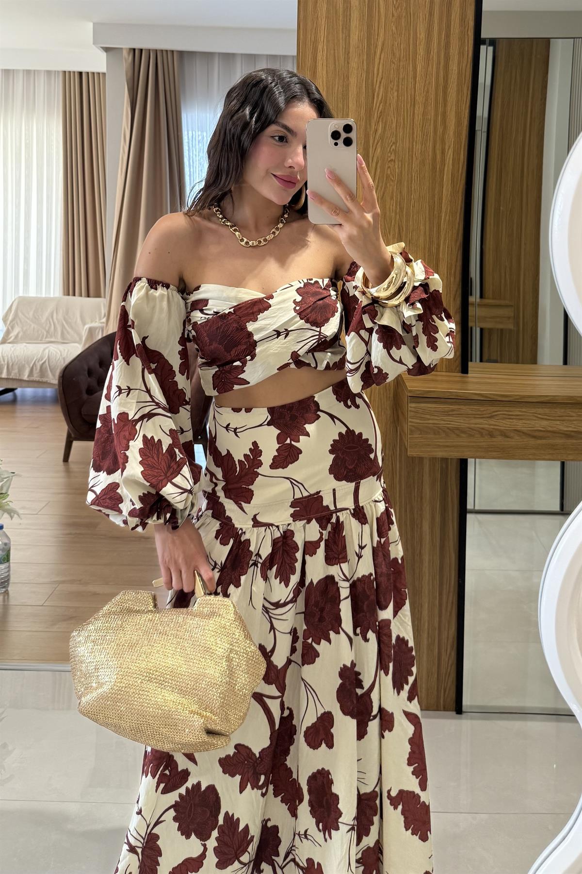 Cilea Çiçek Desenli Bluz-Etek Takım