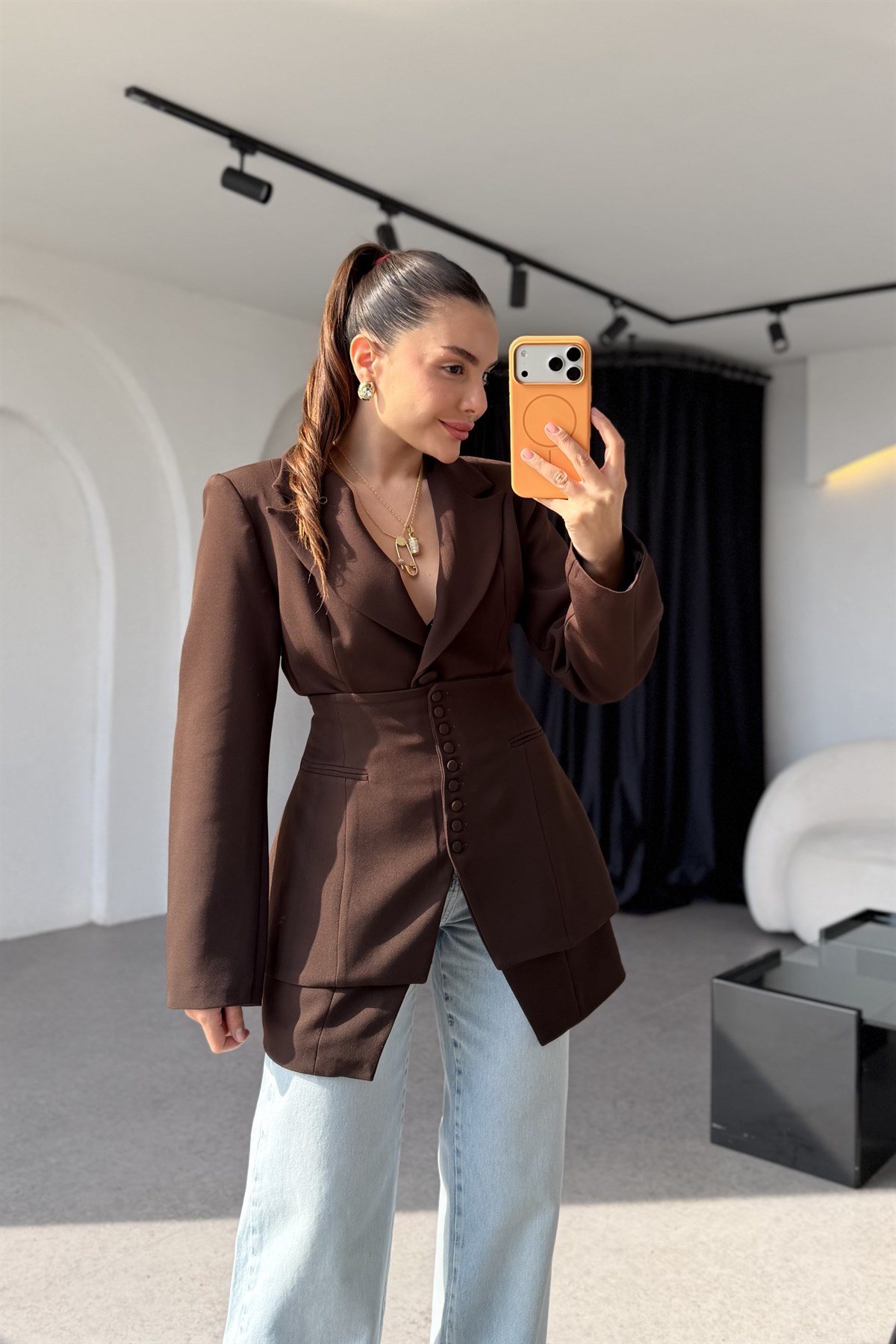 Cindy Kahve İkili Premium Blazer Ceket