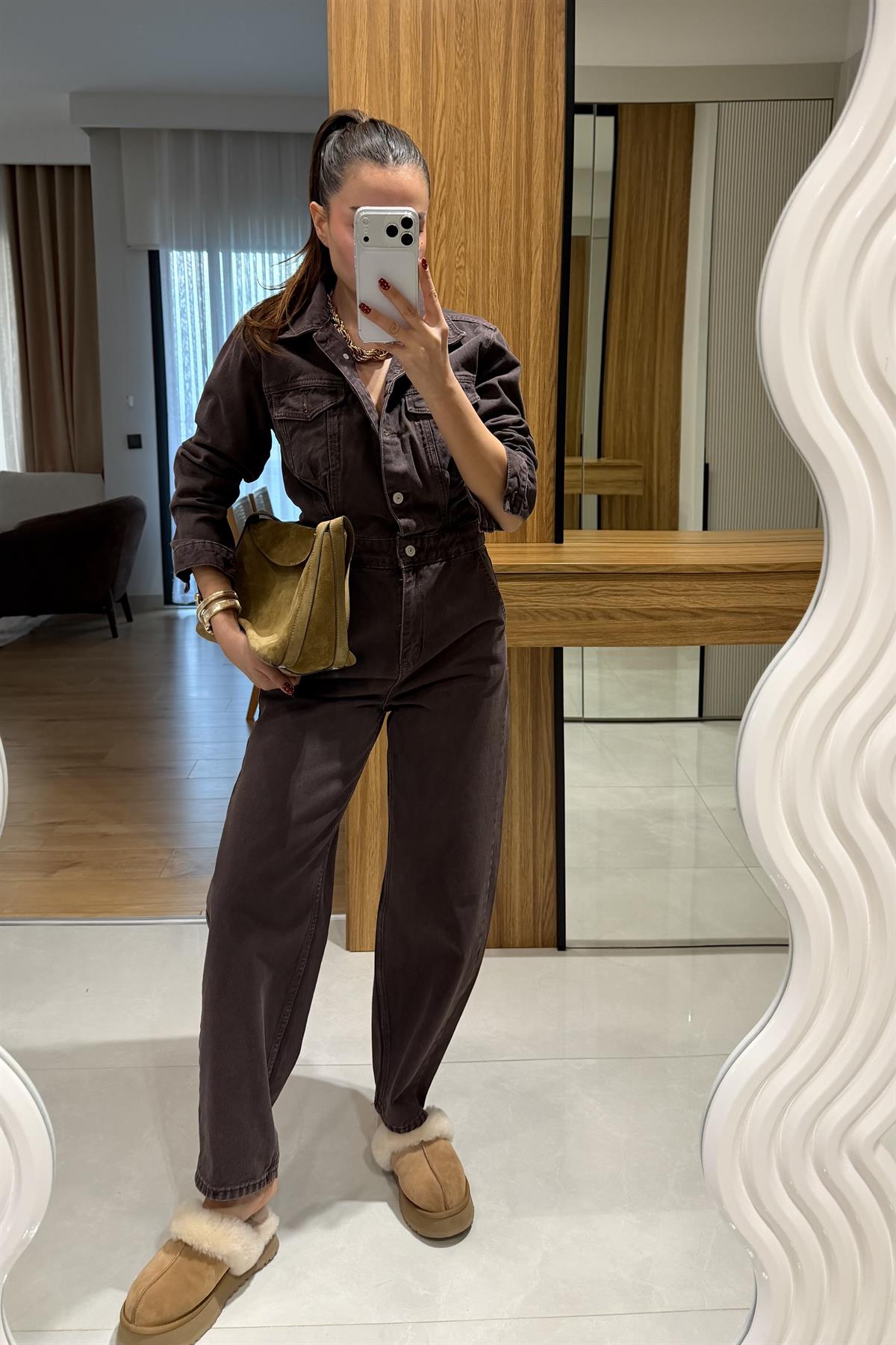 Cintia Kahve Denim Tulum 