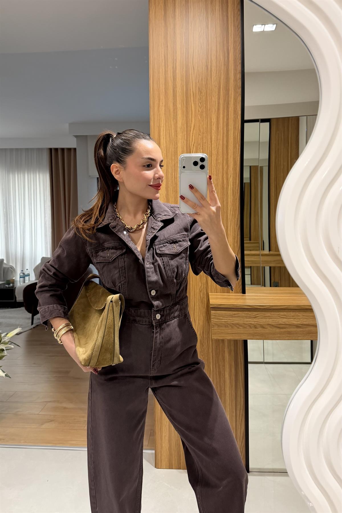 Cintia Kahve Denim Tulum 