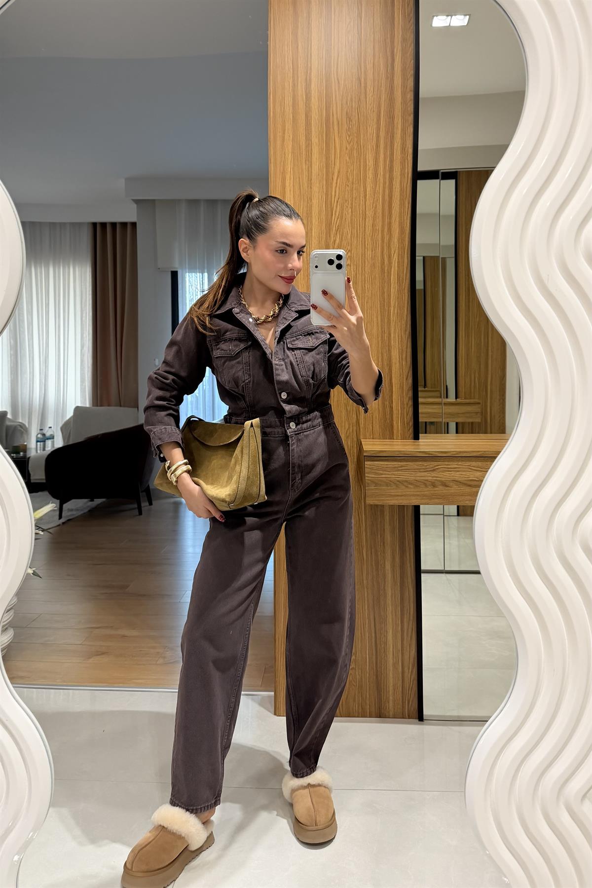 Cintia Kahve Denim Tulum 