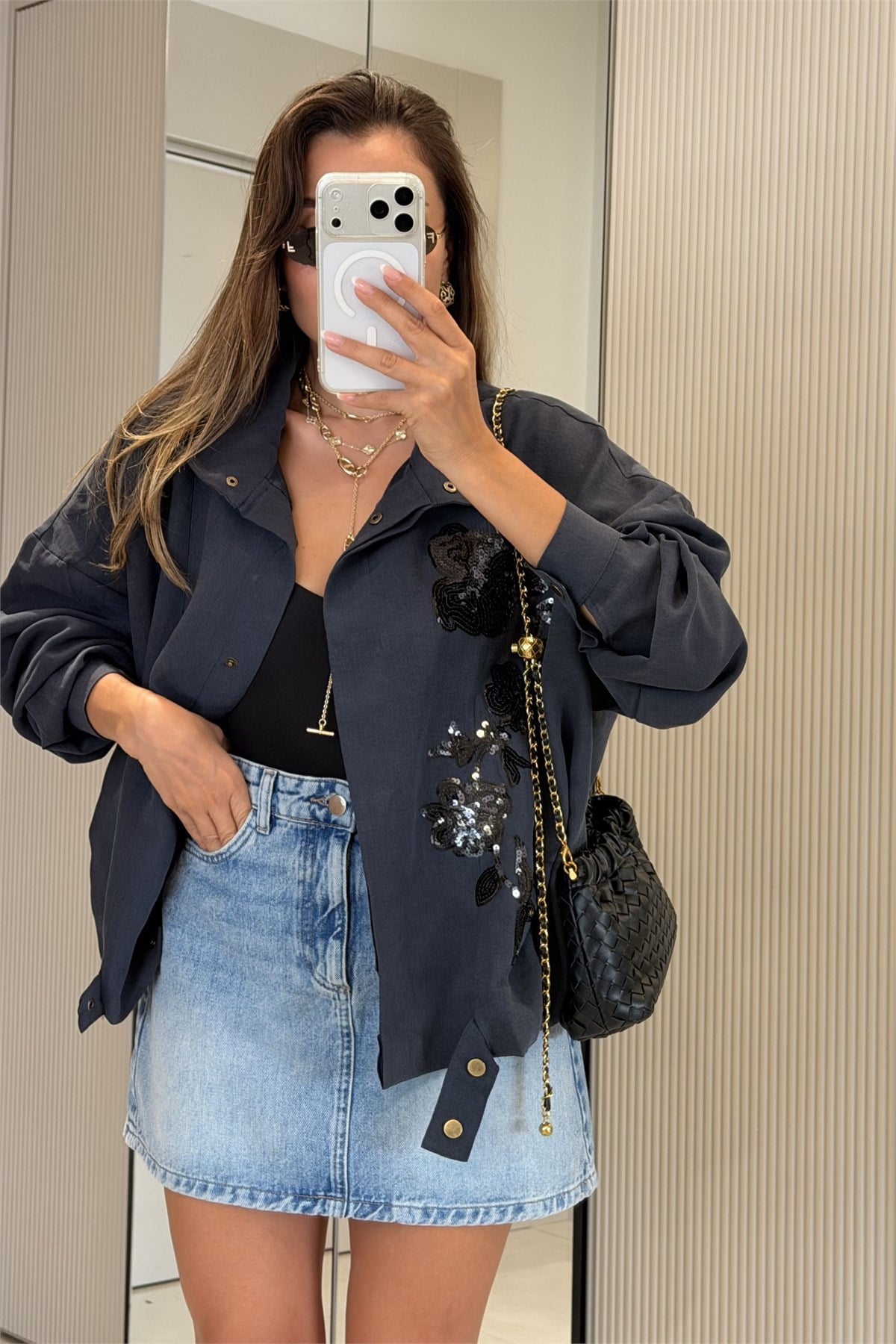 Clarisse Lacivert Payet Çiçek Detaylı Oversize Ceket