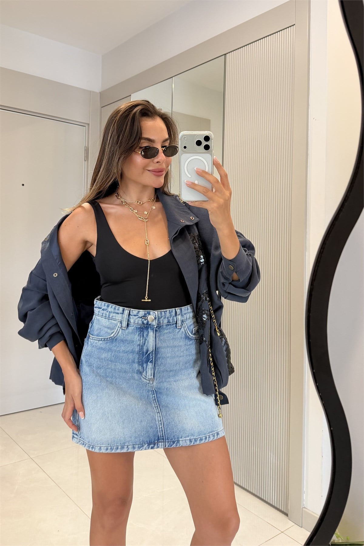 Clarisse Lacivert Payet Çiçek Detaylı Oversize Ceket