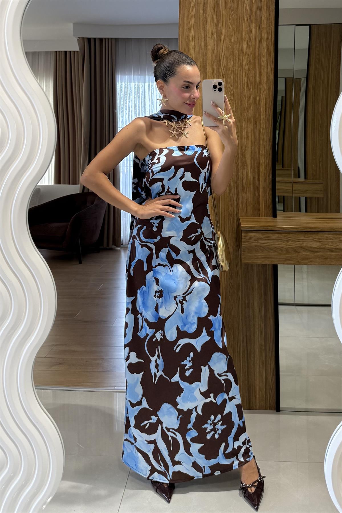 Clarke Şal Detaylı Straplez Çiçek Desenli Elbise