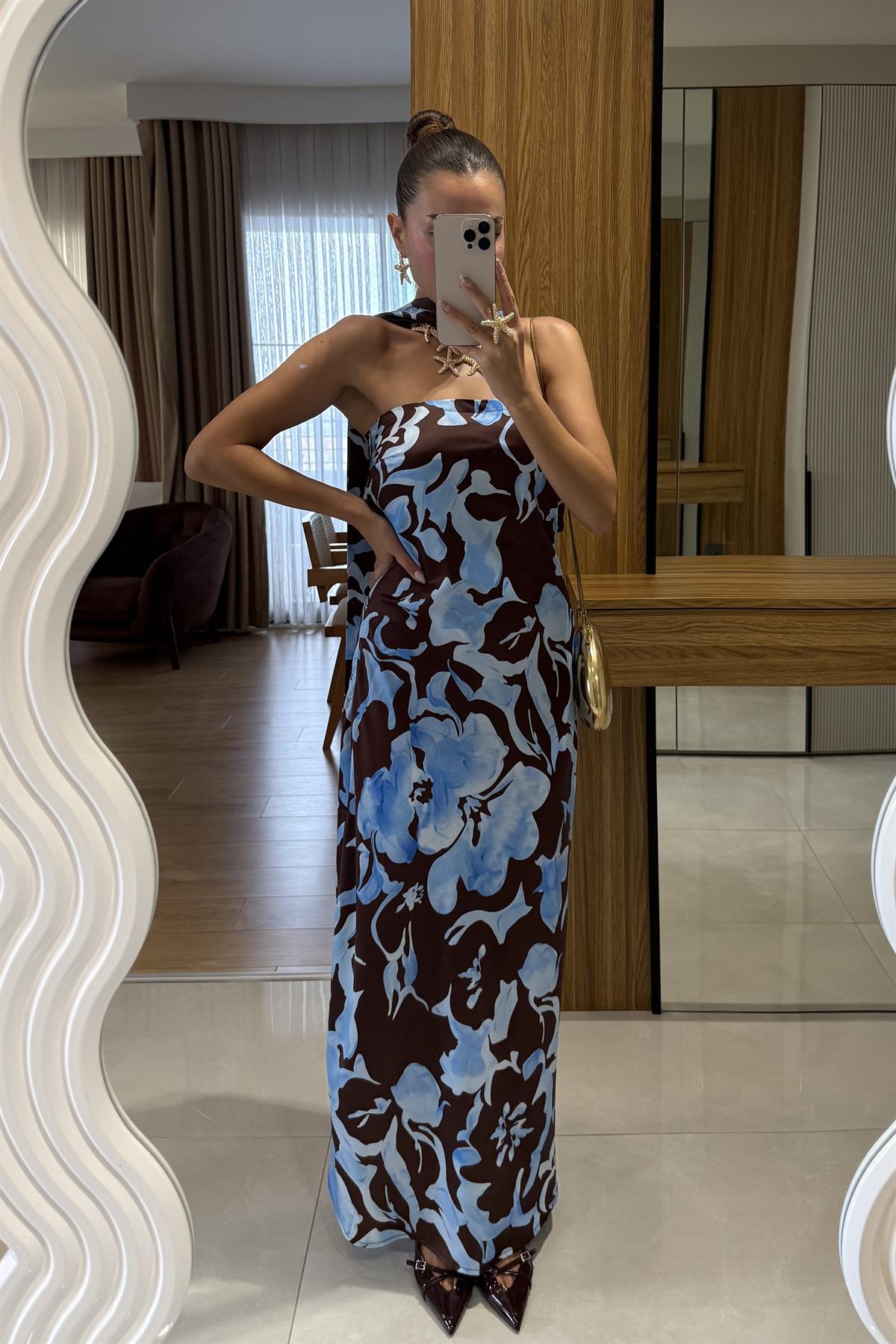 Clarke Şal Detaylı Straplez Çiçek Desenli Elbise