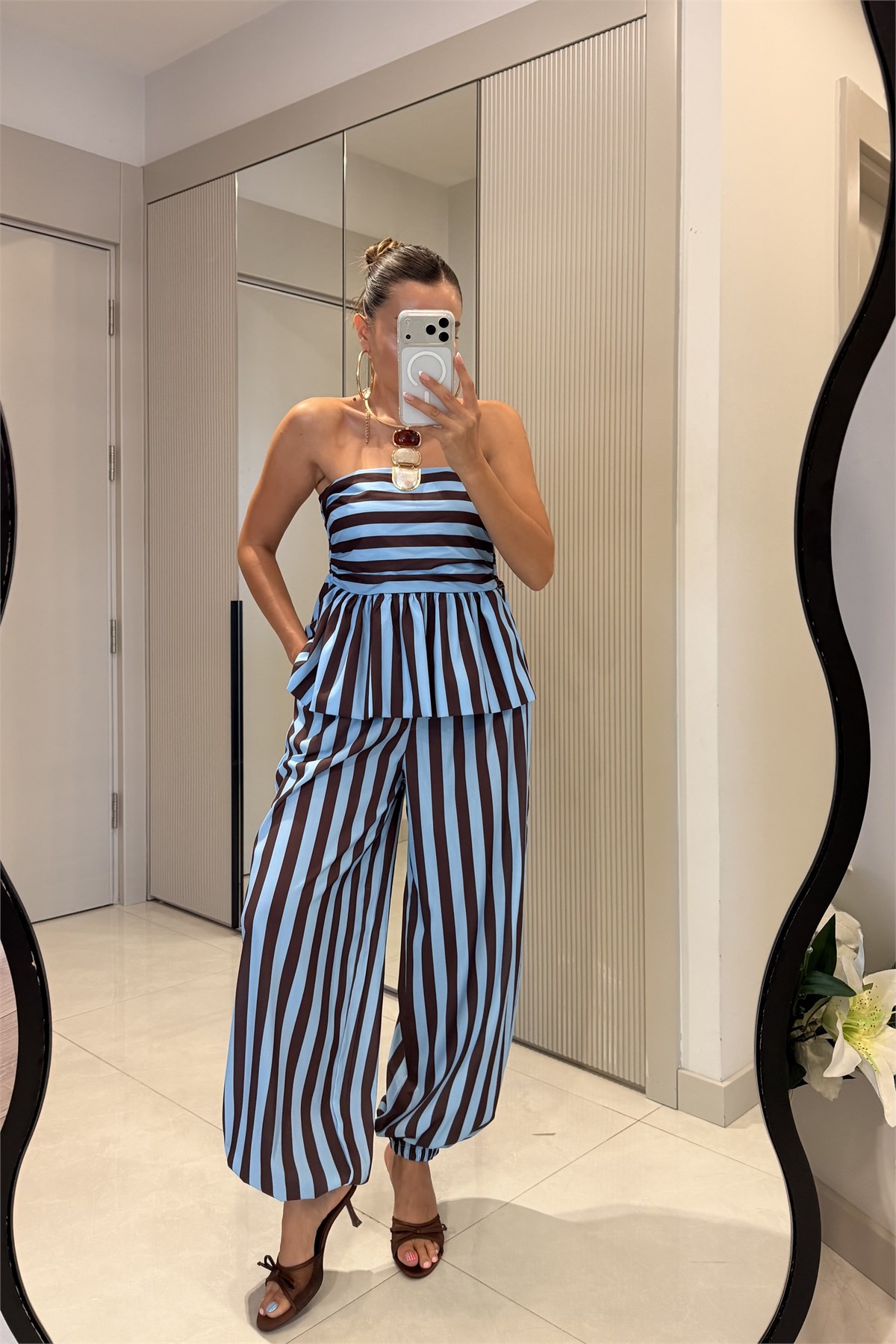 Clary Mavi-Kahve Çizgili Straplez Bluz Pantolon Takım