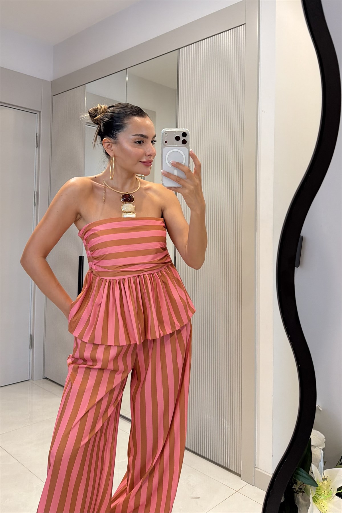 Clary Pembe-Camel Çizgili Straplez Bluz Pantolon Takım