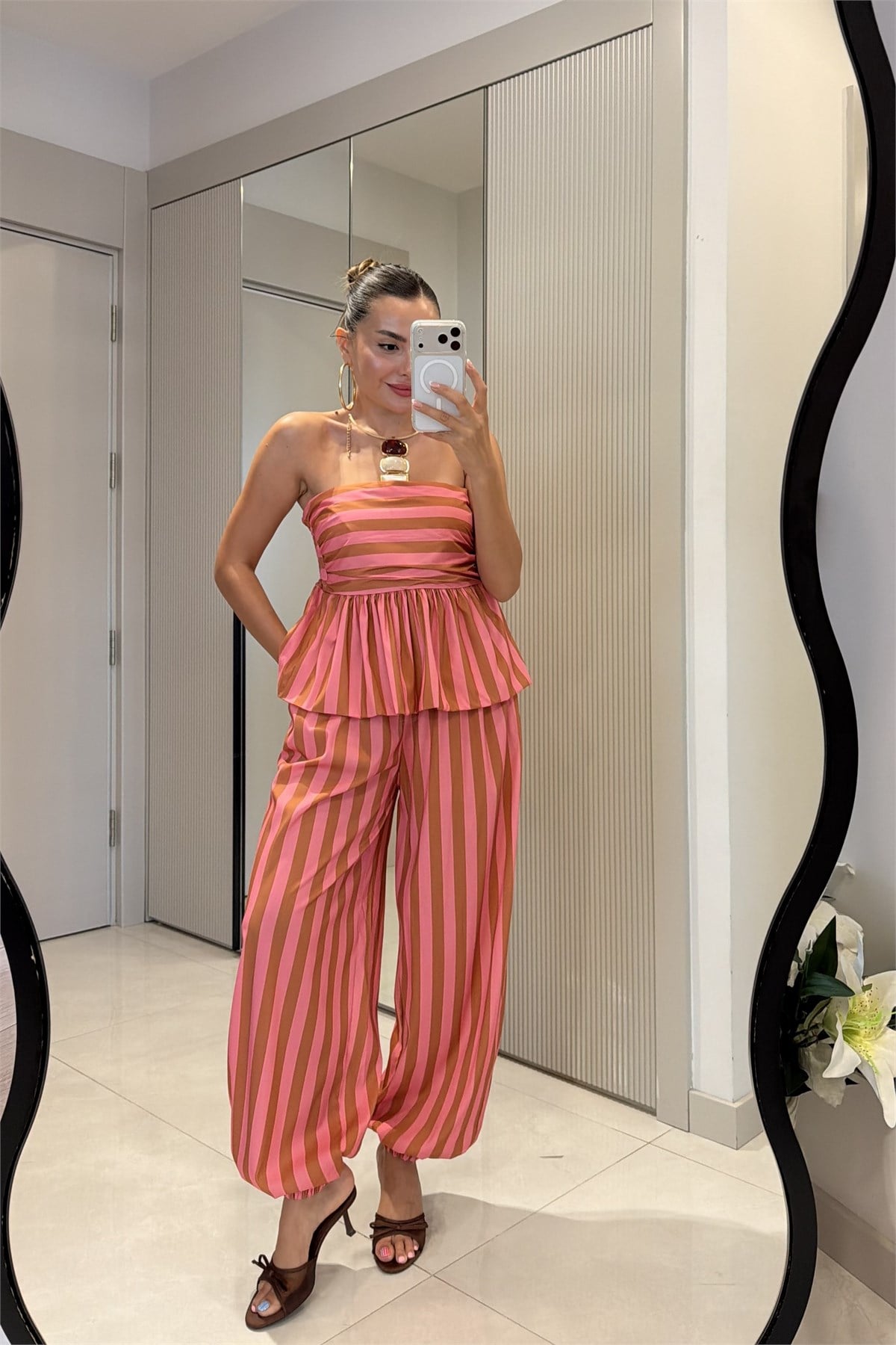 Clary Pembe-Camel Çizgili Straplez Bluz Pantolon Takım