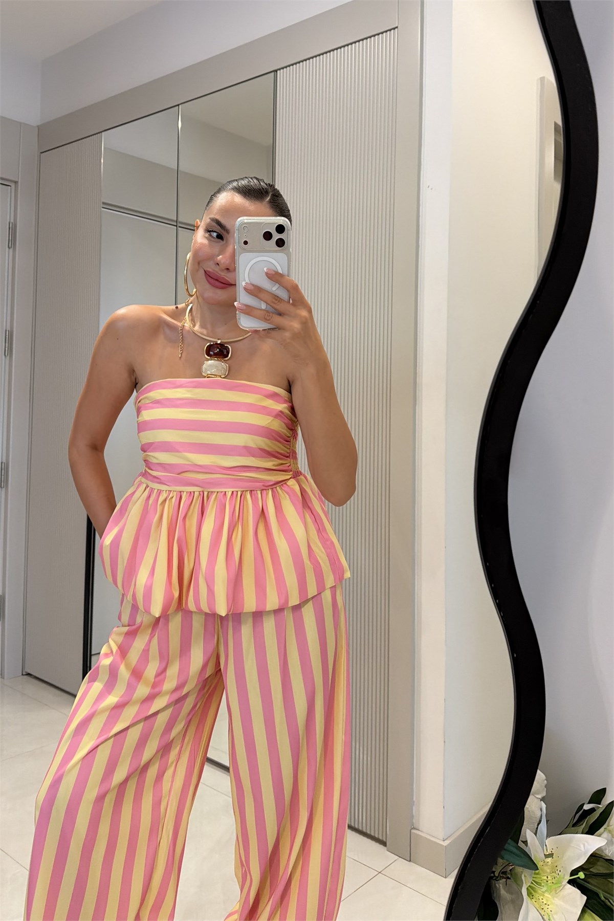 Clary Pembe-Sarı Çizgili Straplez Bluz Pantolon Takım