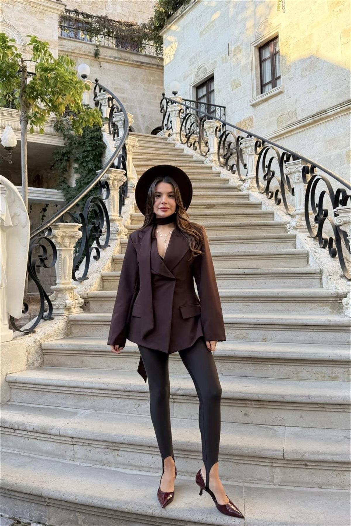 Classy Kahve Şal Detaylı Blazer 