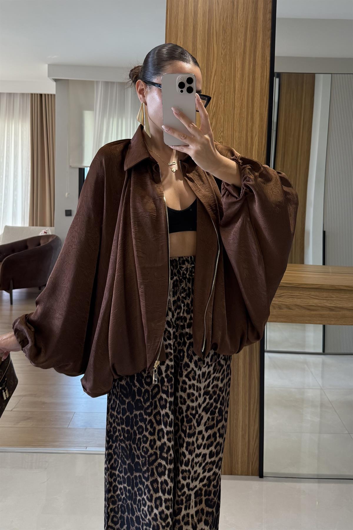 Clayton Kahve Saten Bomber Ceket 