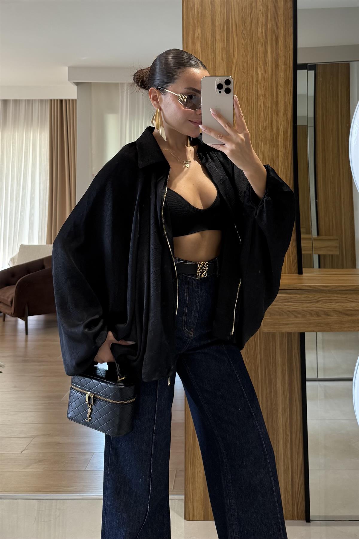 Clayton Siyah Saten Bomber Ceket 