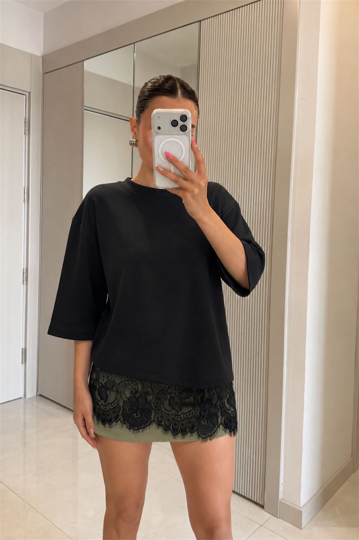 Clean Siyah Dantel Detaylı Modal Tshirt