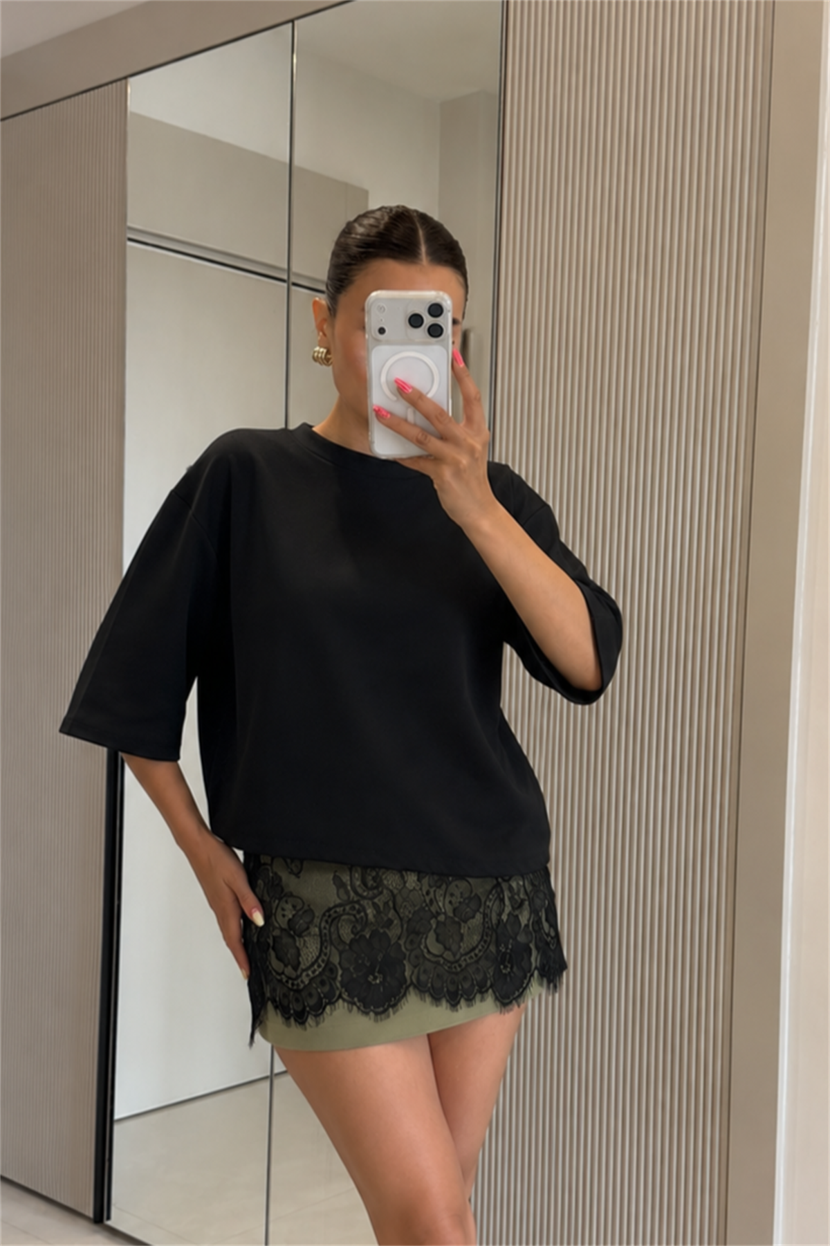 Clean Siyah Dantel Detaylı Modal Tshirt