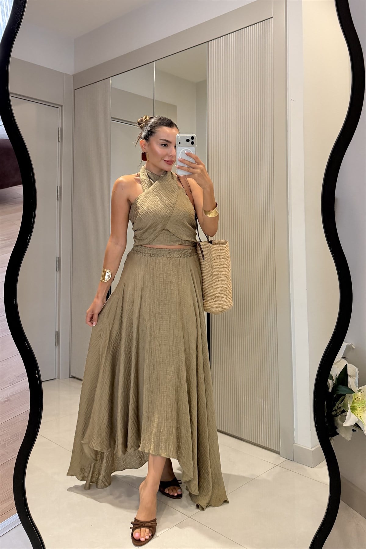 Cleo Haki Boyundan Bağlamalı Etekli Takım