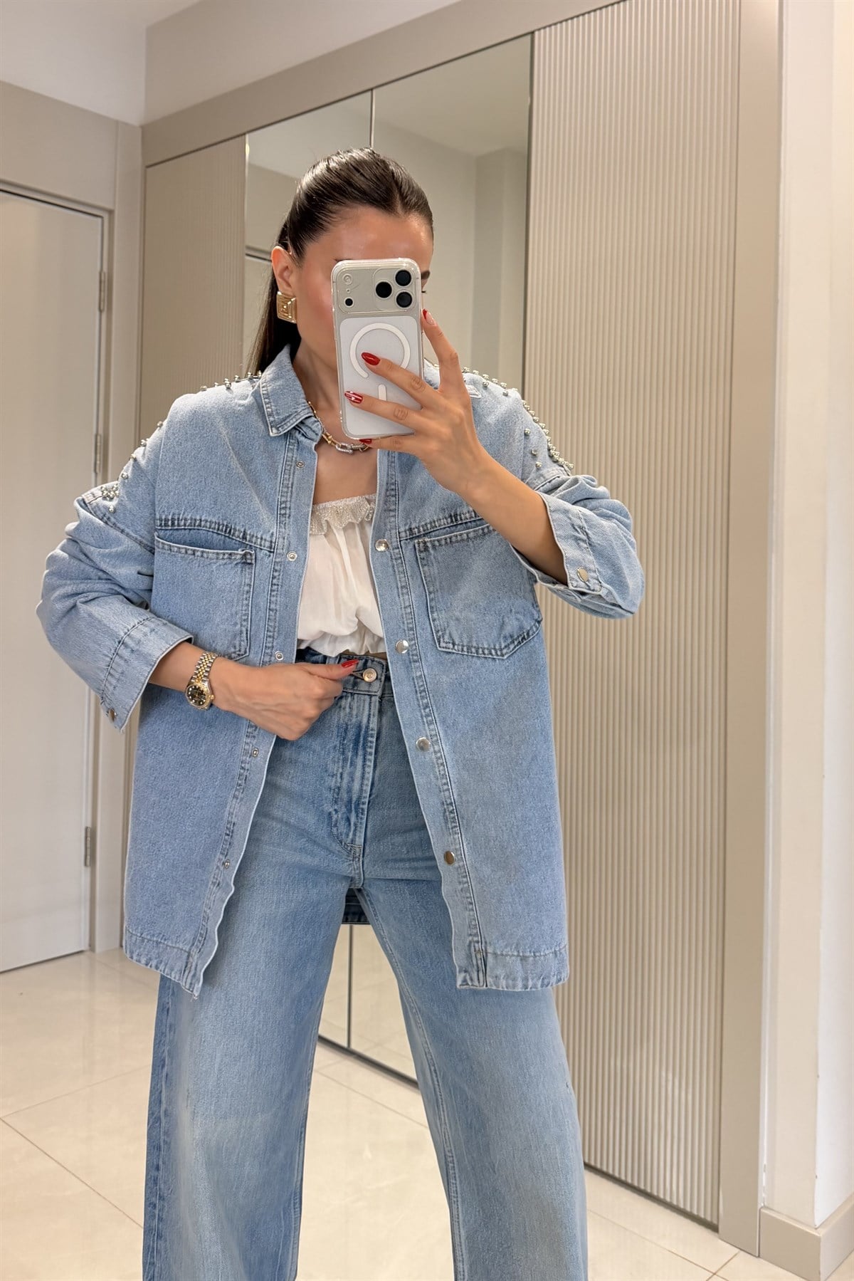 Cliana Lightblue Zımba Detaylı Kot Ceket