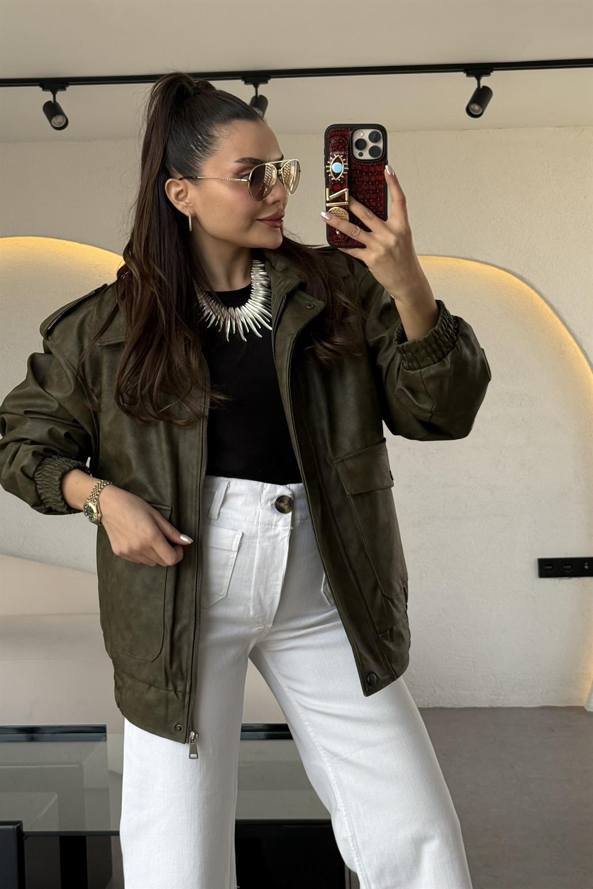 Cloys Haki Deri Yıkama Ceket