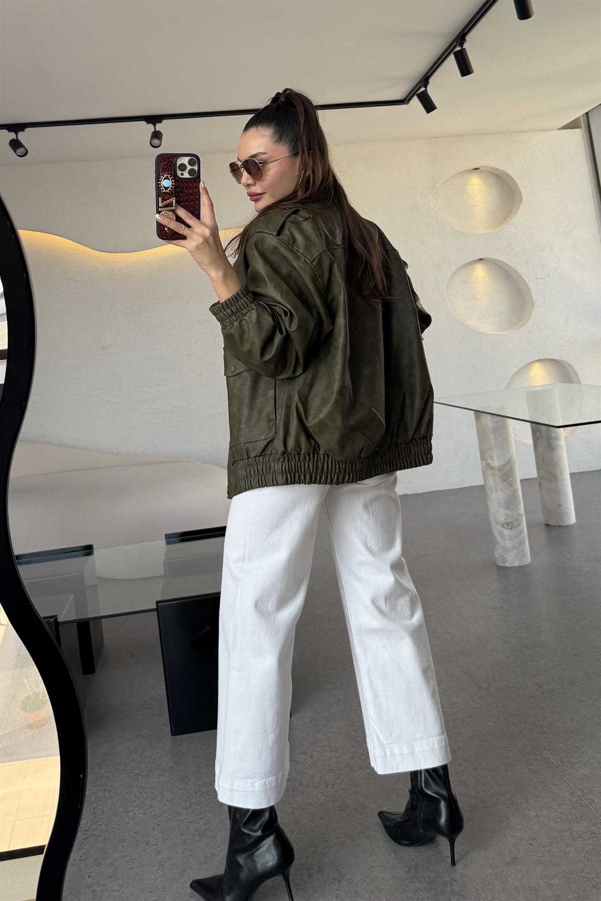 Cloys Haki Deri Yıkama Ceket