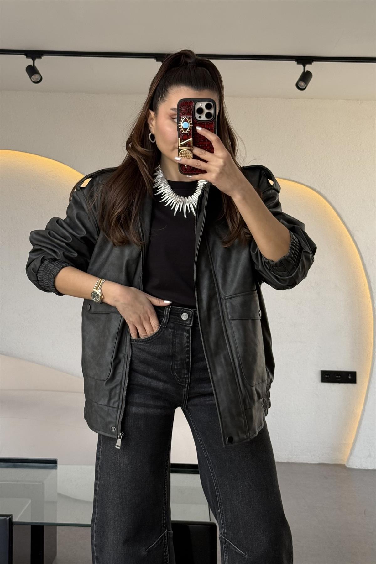 Cloys Siyah Deri Yıkama Ceket