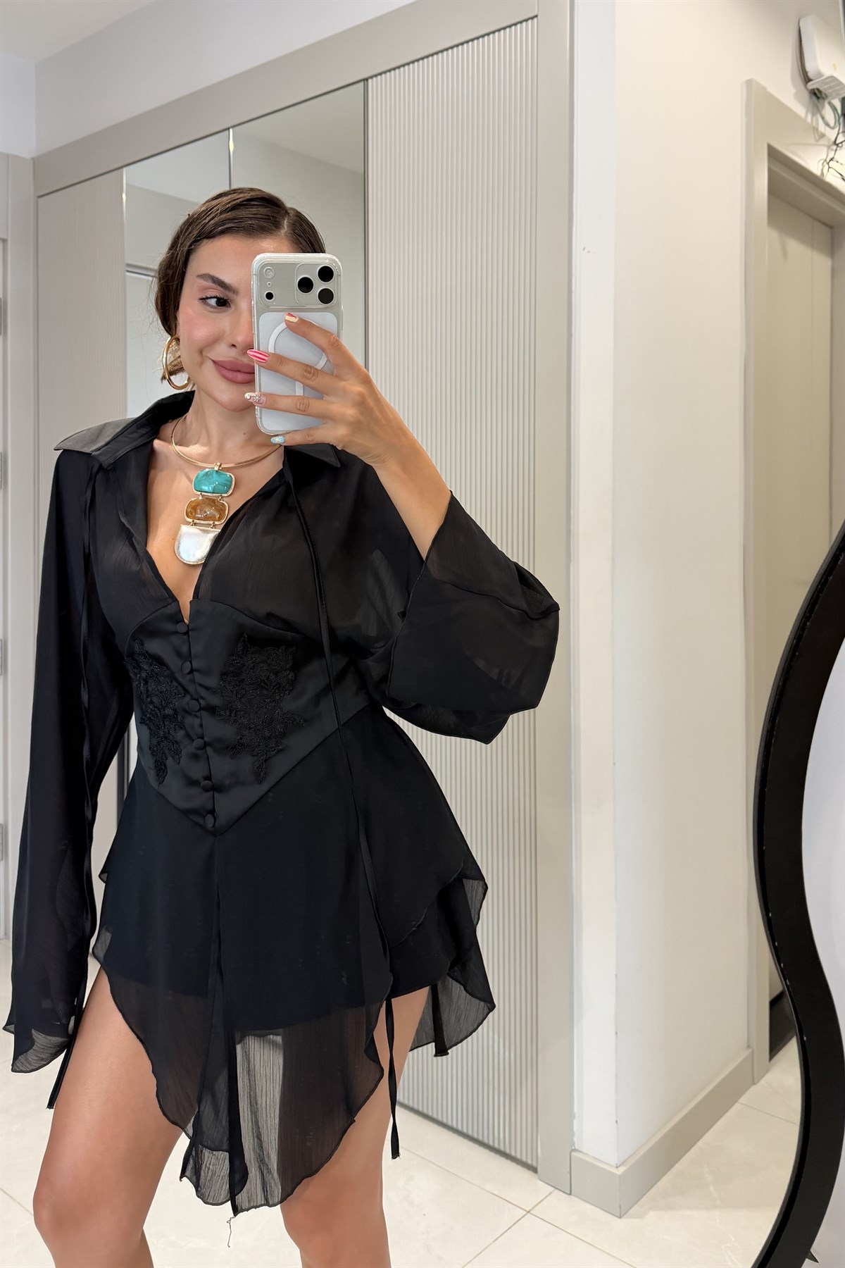 Cloys Siyah Korse Detaylı Şifon Gömlek
