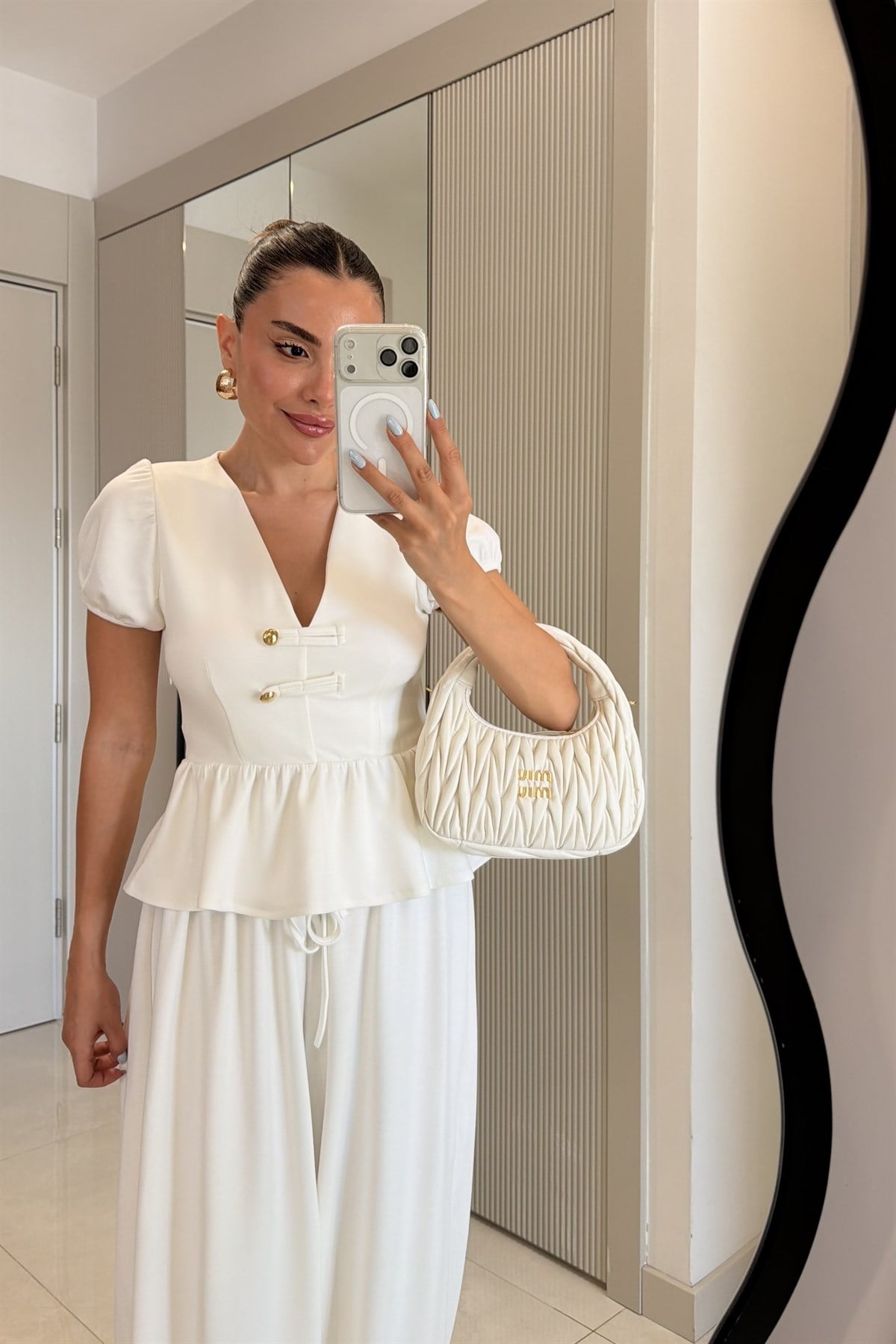 Como Beyaz Peplum Bluz Şalvarlı Modal Takım