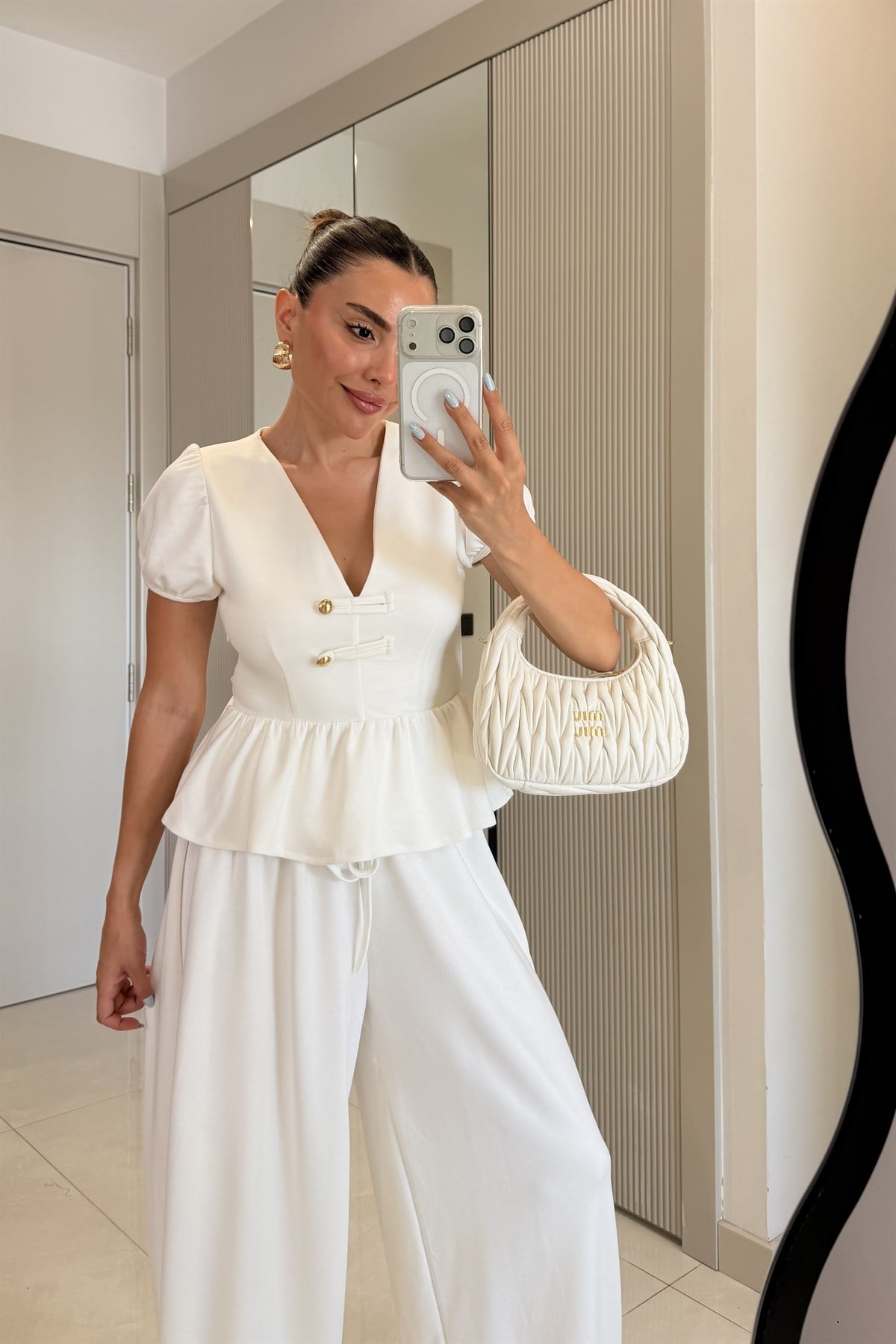 Como Beyaz Peplum Bluz Şalvarlı Modal Takım