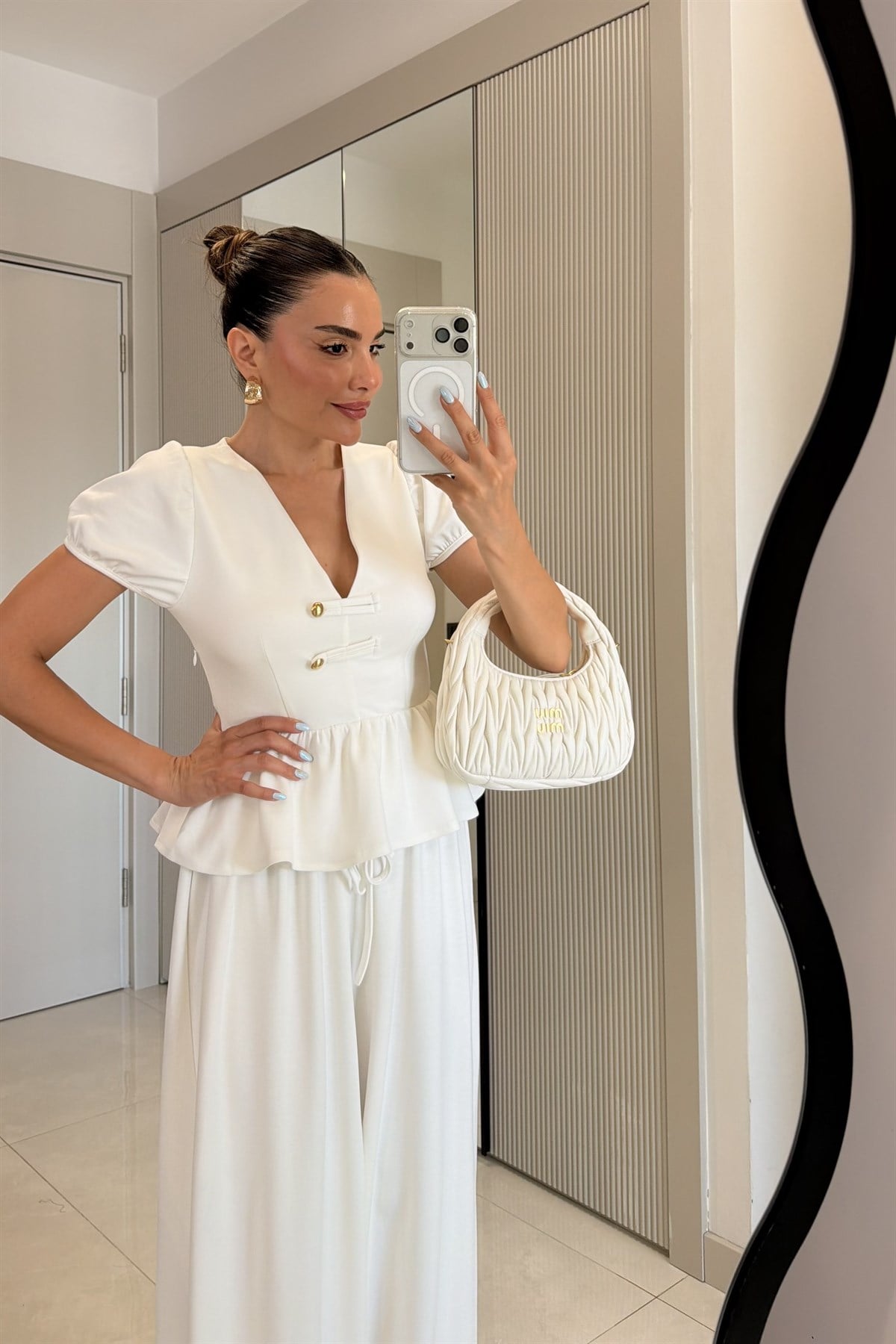 Como Beyaz Peplum Bluz Şalvarlı Modal Takım