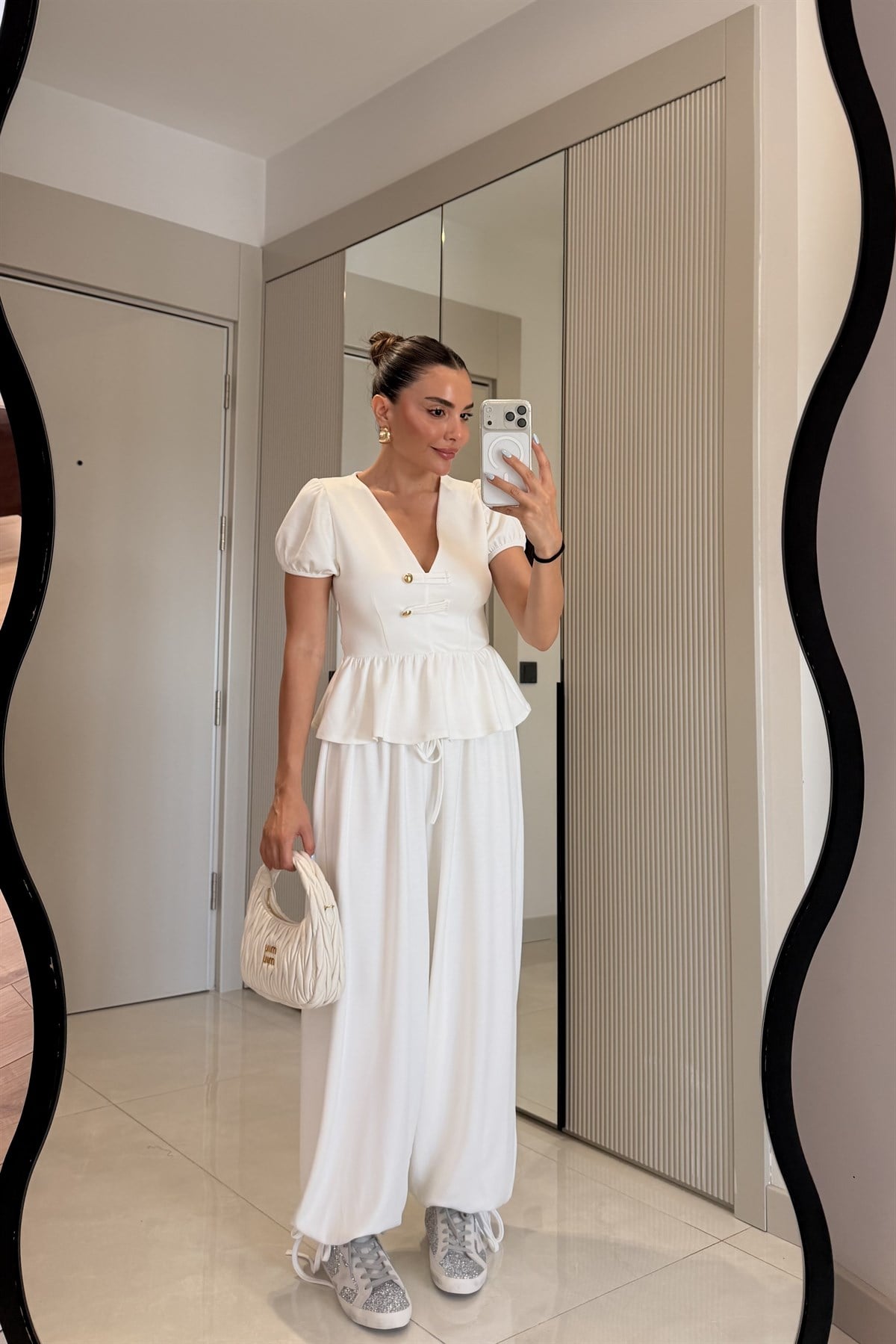 Como Beyaz Peplum Bluz Şalvarlı Modal Takım
