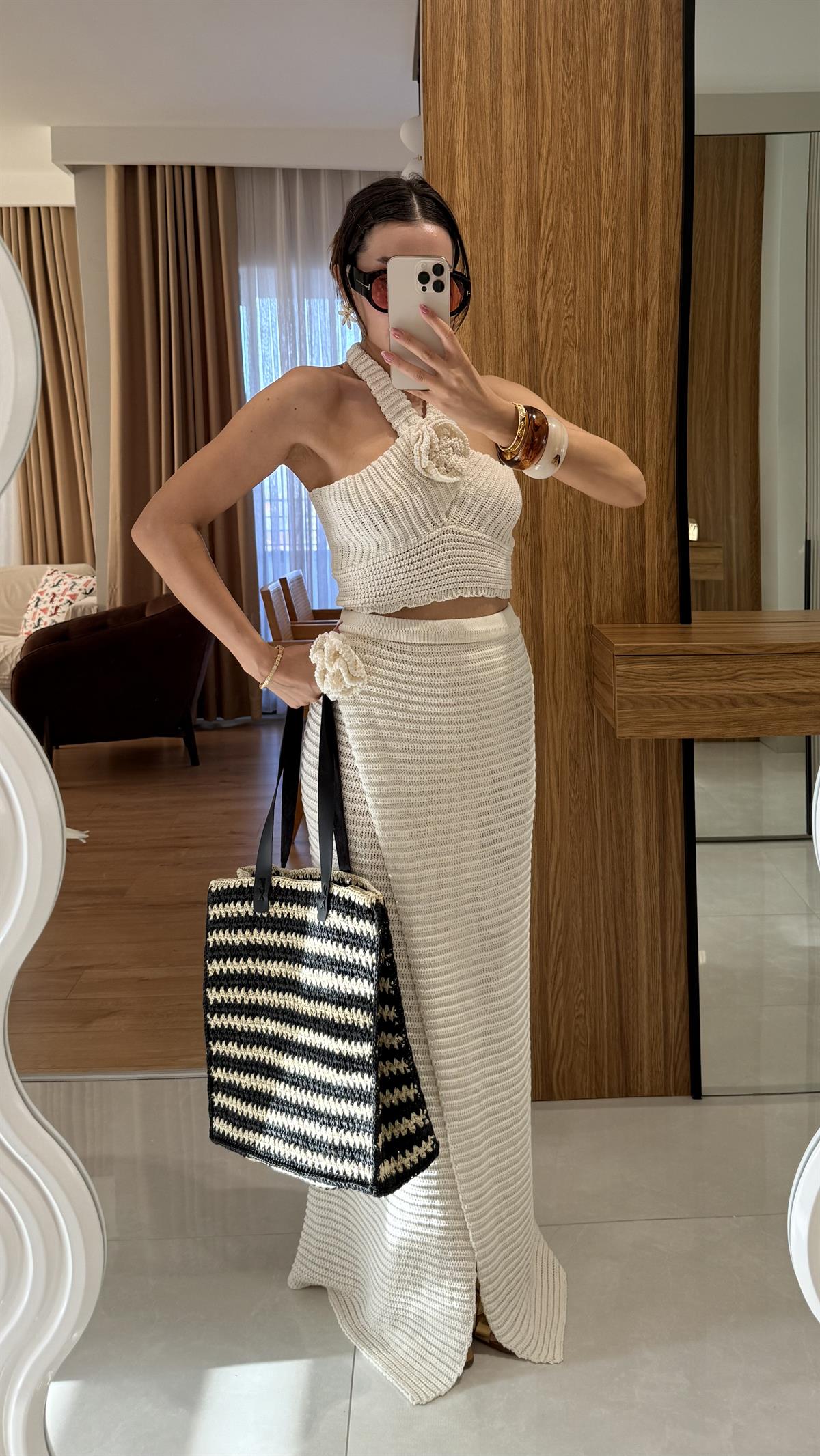 Como Krem Astarlı Yazlık Triko Etekli Takım