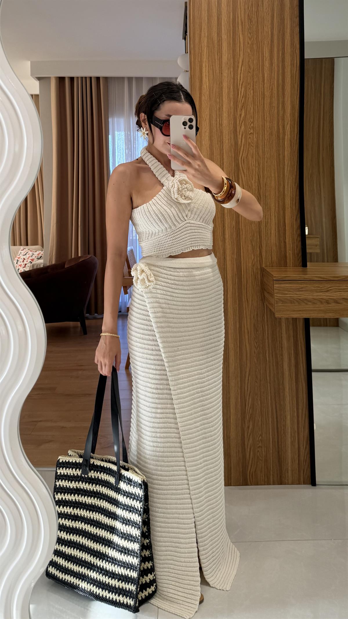 Como Krem Astarlı Yazlık Triko Etekli Takım