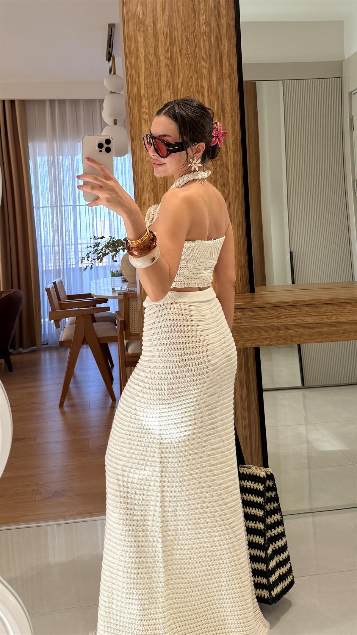 Como Krem Astarlı Yazlık Triko Etekli Takım