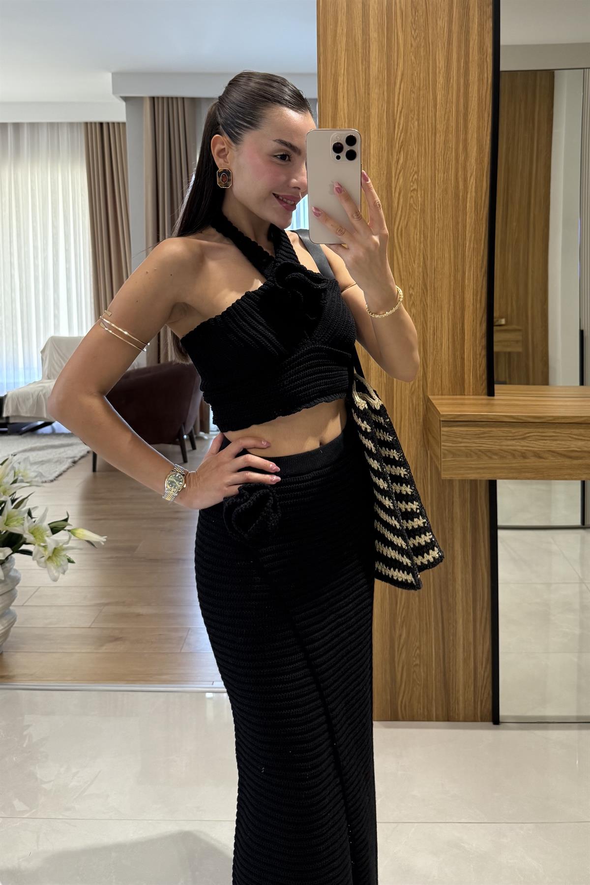 Como Siyah Astarlı Yazlık Triko Etekli Takım