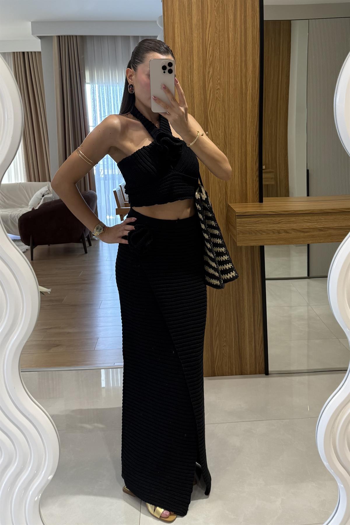 Como Siyah Astarlı Yazlık Triko Etekli Takım