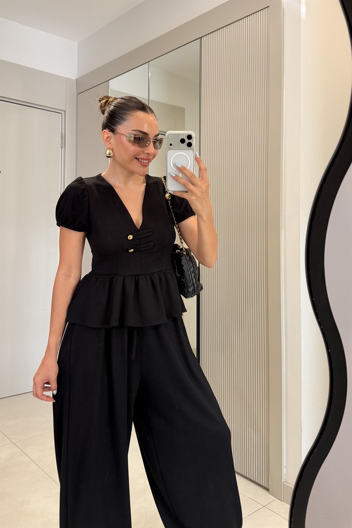Como Siyah Peplum Bluz Şalvarlı Modal Takım