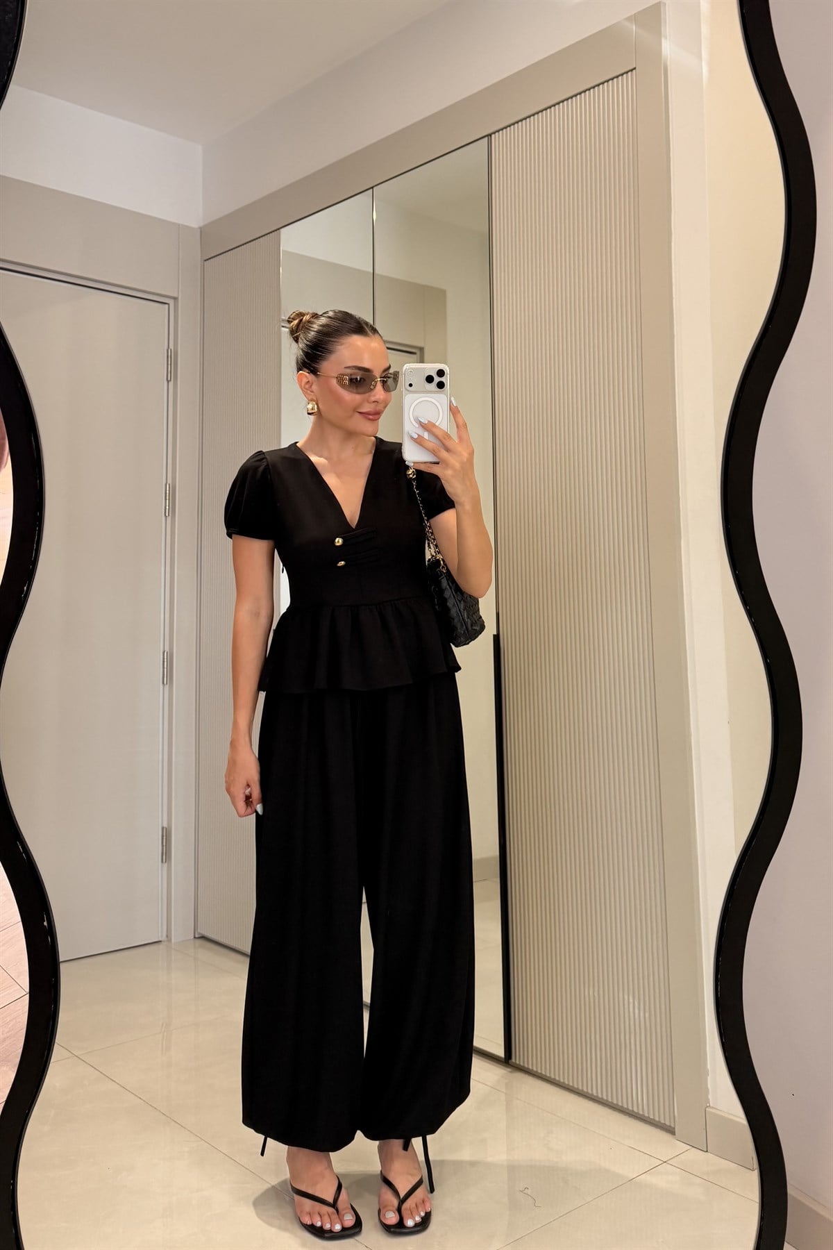 Como Siyah Peplum Bluz Şalvarlı Modal Takım