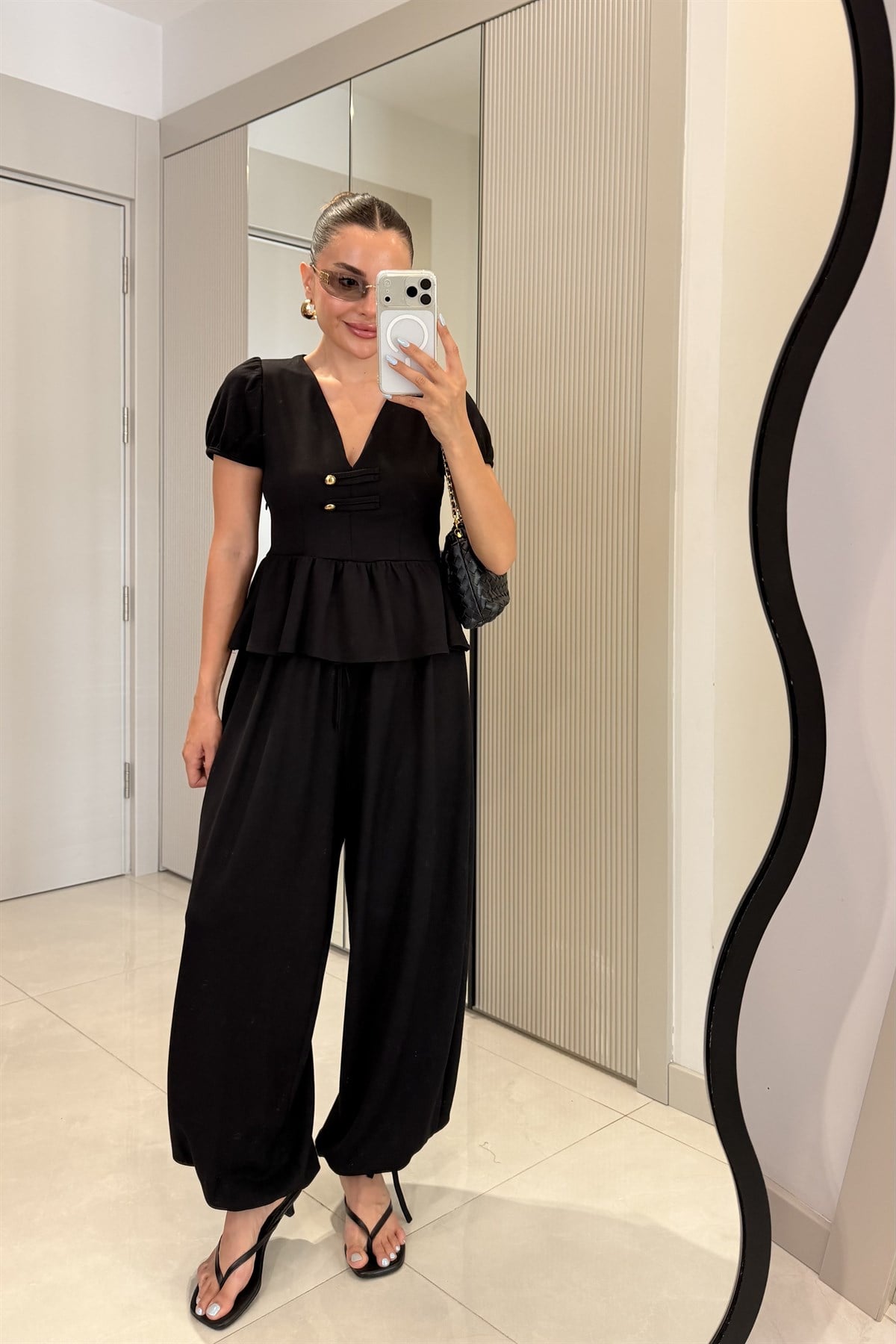 Como Siyah Peplum Bluz Şalvarlı Modal Takım