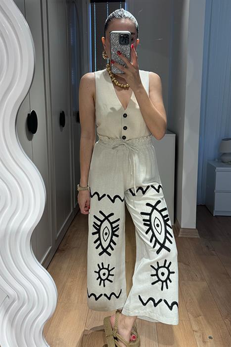 Conga Nakışlı Keten Pantolon - Krem