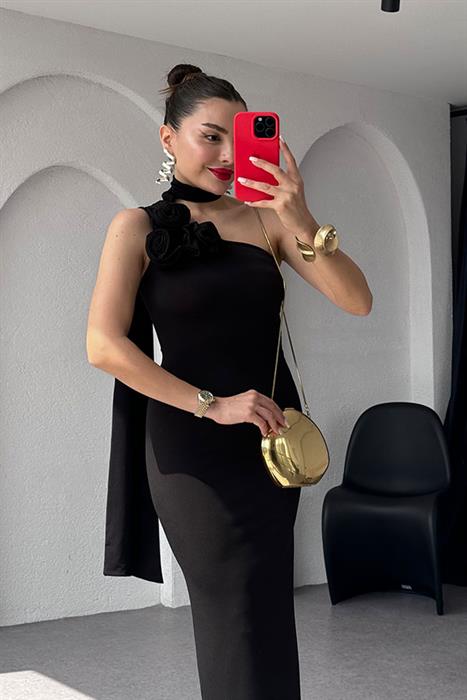 Contreras Tek Omuz Gül Detaylı Elbise-Siyah