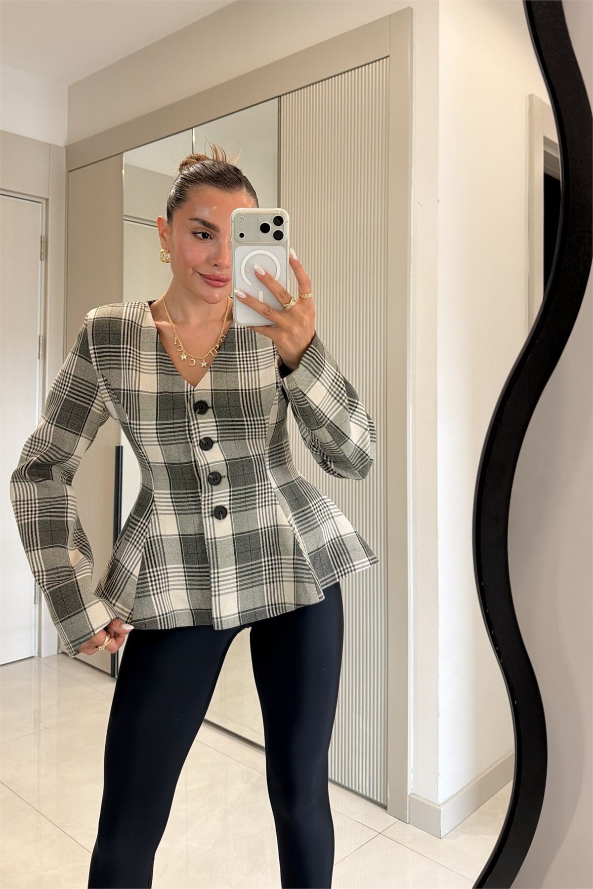 Coralia Gri Ekose Bele Oturan Blazer Ceket