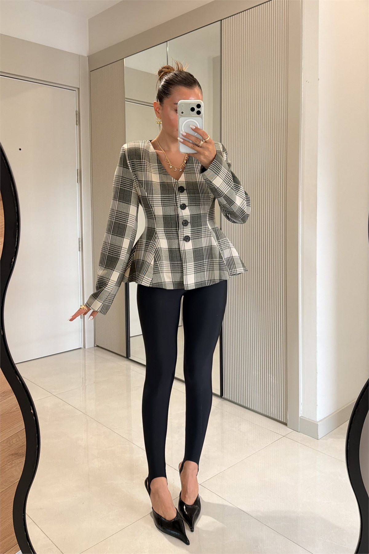 Coralia Gri Ekose Bele Oturan Blazer Ceket