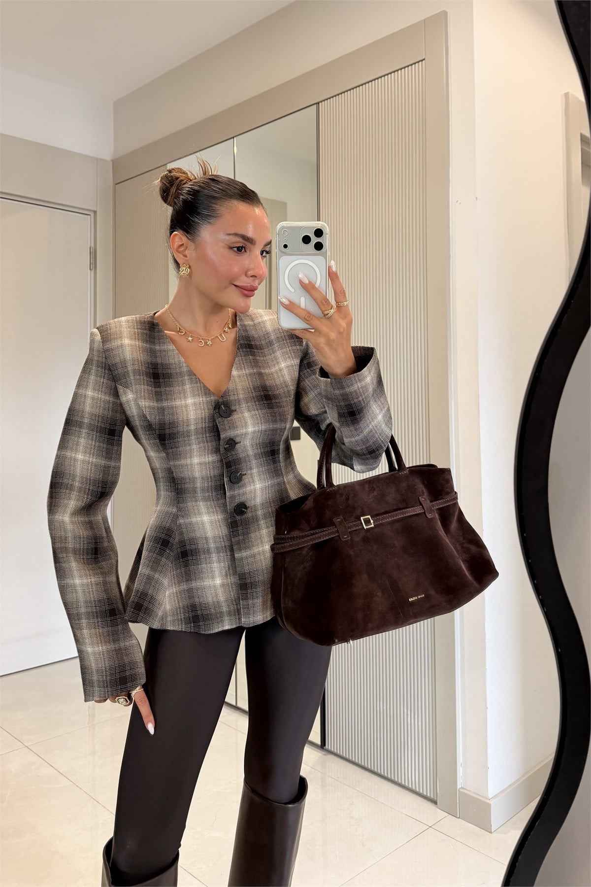 Coralia Kahve Ekose Bele Oturan Blazer Ceket